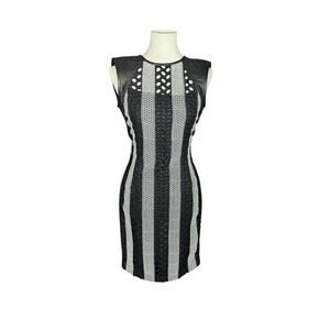 Yigal Azrouël black white eyelet sleeveless lambskin leather trim dress size 4